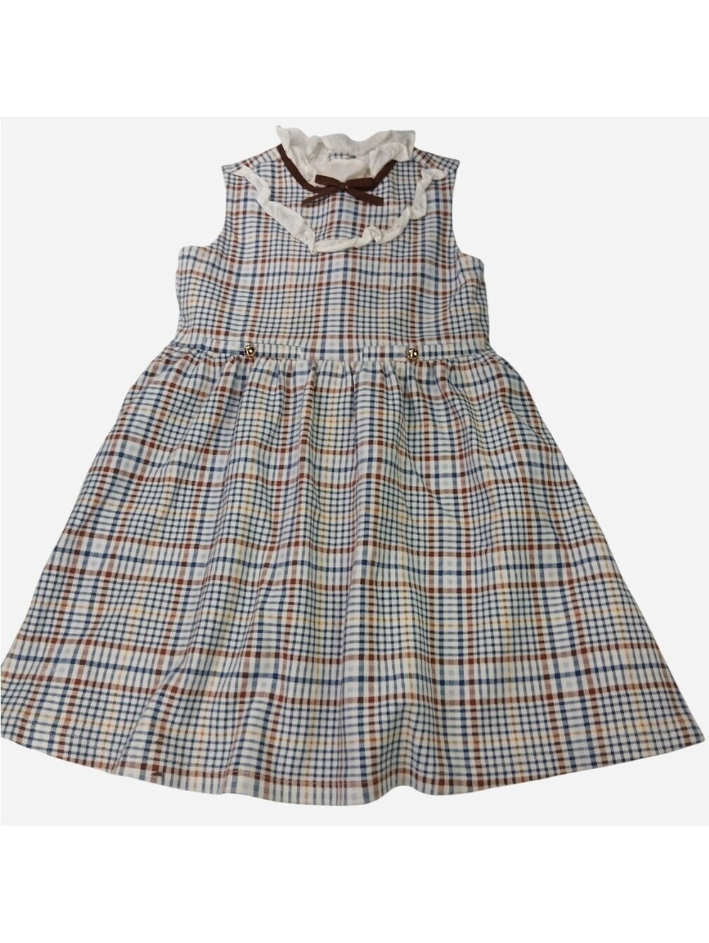 Janie & Jack Girls Plaid Ribbon Collar Ponte Dress Size 6 Brown Blue Ruffle